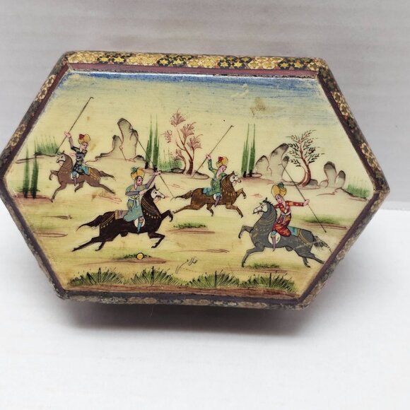 Vintage Persian Khatam Jewelry Trinket Storage Box Scene Battle Painting Warrior - Picture 5 of 16